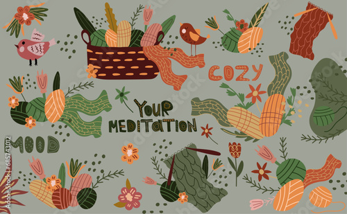 Yarn for knitting in a wicker basket,balls of woolen yarn for needlework,knitting and crocheting.Banner with threads,modern flat leaves and pastel background.For posters and various creative projects