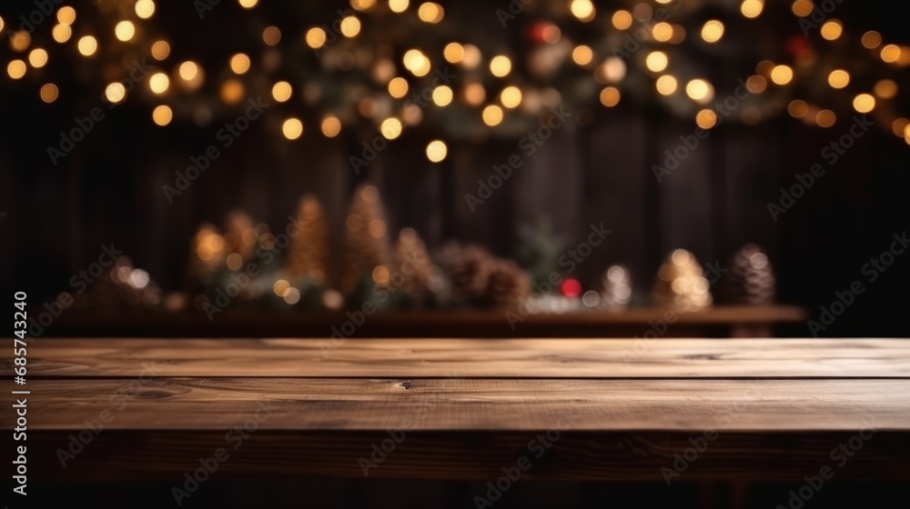 Empty wooden table with christmas theme in background. Christmas or New Year background. Magic concept. New Year concept. Celebrate concept. Empty wooden table with christmas theme in background. Christmas or New Year background. Magic concept. New Year concept. Celebrate concept.