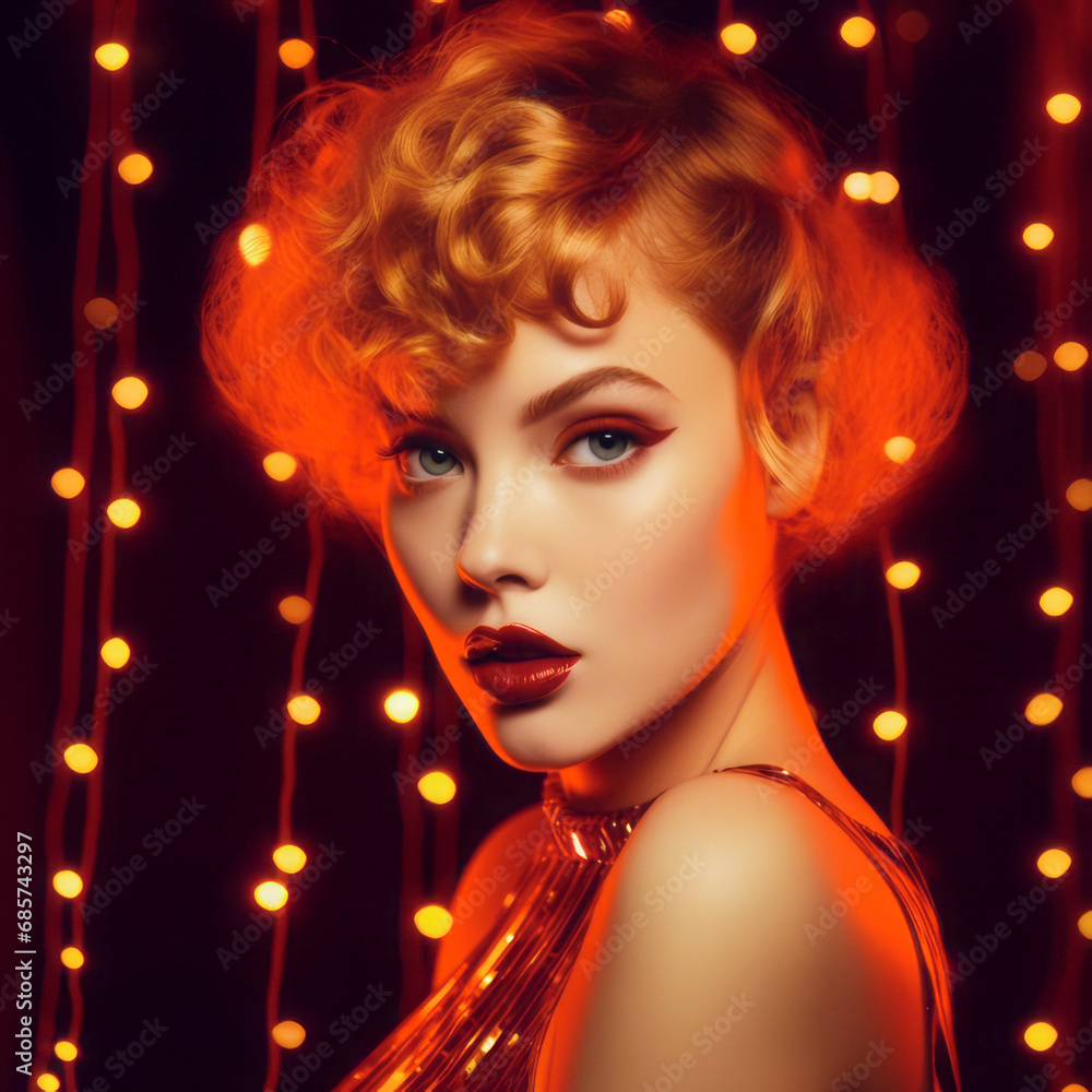Attractive girl in an elegant sparkling red dress on a neon red background, in front of a decorated New Year's backdrop. Minimal holiday cheer decoration. Attractive girl in an elegant sparkling red dress on a neon red background, in front of a decorated New Year's backdrop. Minimal holiday cheer decoration.