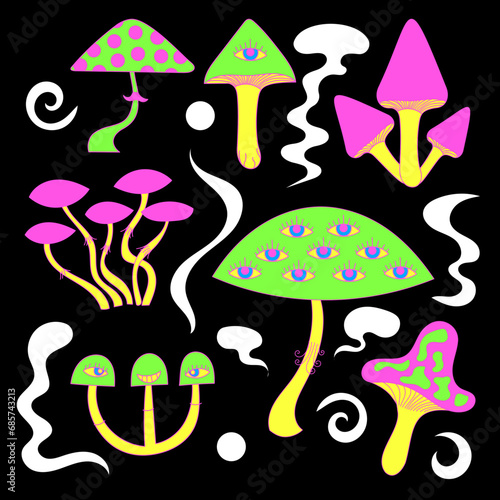 Set of unreal hallucinogenic mushrooms on a black background.