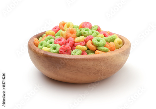 Breakfast cereals in a wooden bowl isolated.