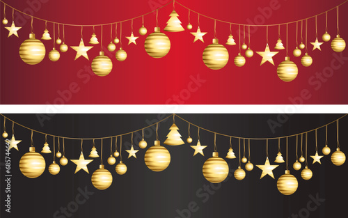Christmas decorations. Red and gold and black vector banners set. Illustration.