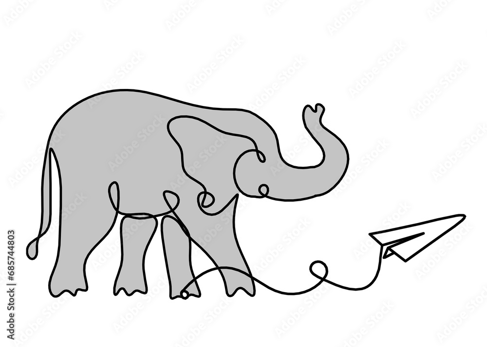 Silhouette of color abstract elephant with paper plane as line drawing