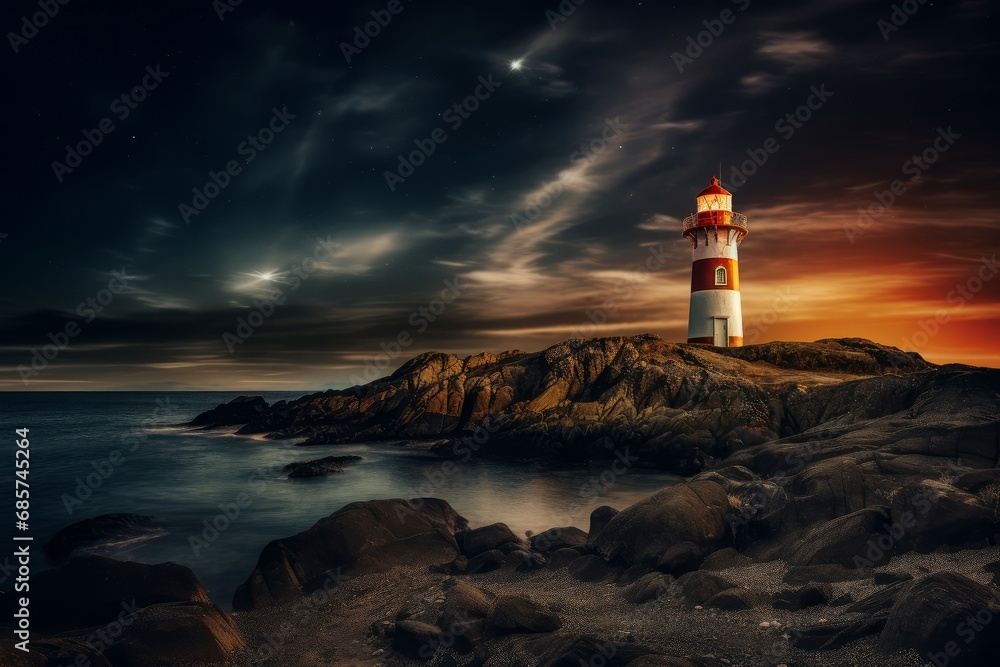 Historical Illuminated lighthouse. Ocean light coastline. Generate Ai