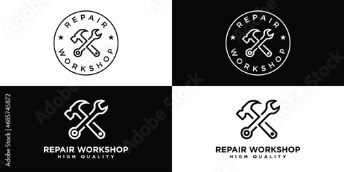 Repair Workshop Logo Designs. Tools Repair Hammer Wrench with Minimalist Outline Lineart Style. Stamp Icon Symbol Vector Illustration.
