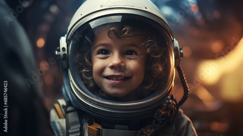 Little boy wearing an astronaut helmet dreams of becoming a rocket pilot spaceman in astronaut costume