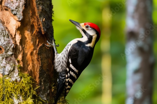 Photo of a woodpecker in action, pecking a tree trunk. Generative AI