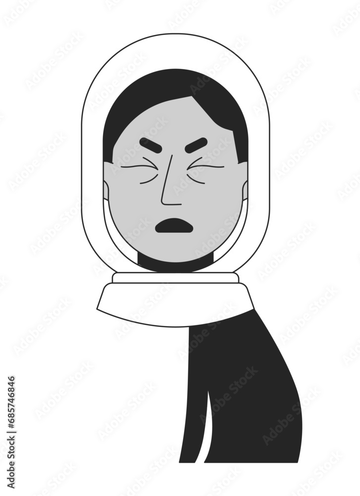 Muslim hijab woman winced in pain black and white 2D vector avatar illustration Muslim hijab woman winced in pain black and white 2D vector avatar illustration