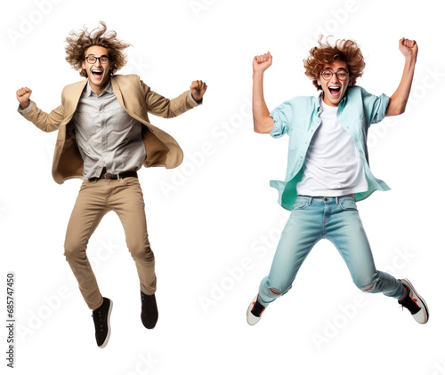 Jumping man happy excited. Funny portrait on young casual male model in humorous jump on isolated cutout PNG on transparent background.