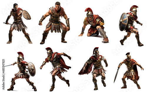 collection of military warrior of ancient rome wearing armor in combat action isolated on transparent background