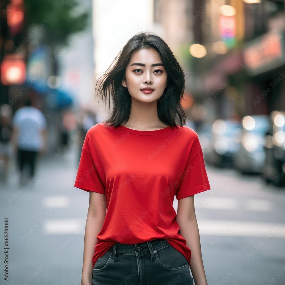 Red T-shirt Lunar New Year Mockup | Asian Girl Celebrating in Style Red T-shirt Lunar New Year Mockup | Asian Girl Celebrating in Style