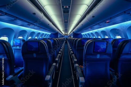 Eerie Empty aircraft blue interior light. People chair. Generate Ai