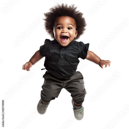 Happy black baby jumping alone, isolated on a white background transparent PNG format photo