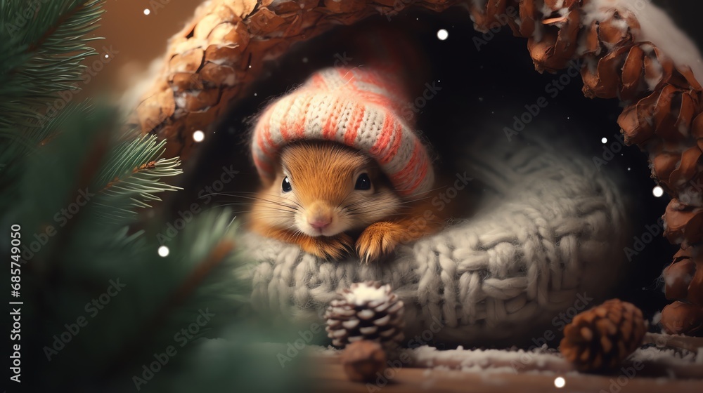 Super cute squirrel wearing knitted Santa hat. Christmas greeting card. AI generated image