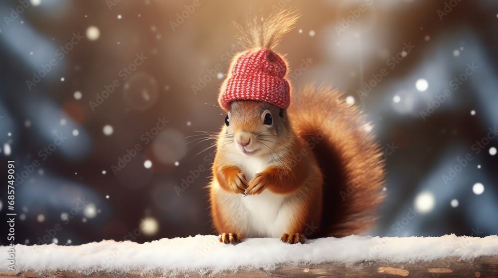 Super cute squirrel wearing knitted Santa hat. Christmas greeting card. AI generated image Super cute squirrel wearing knitted Santa hat. Christmas greeting card. AI generated image