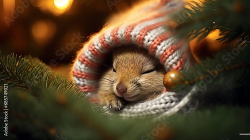Super cute squirrel wearing knitted Santa hat. Christmas greeting card. AI generated image