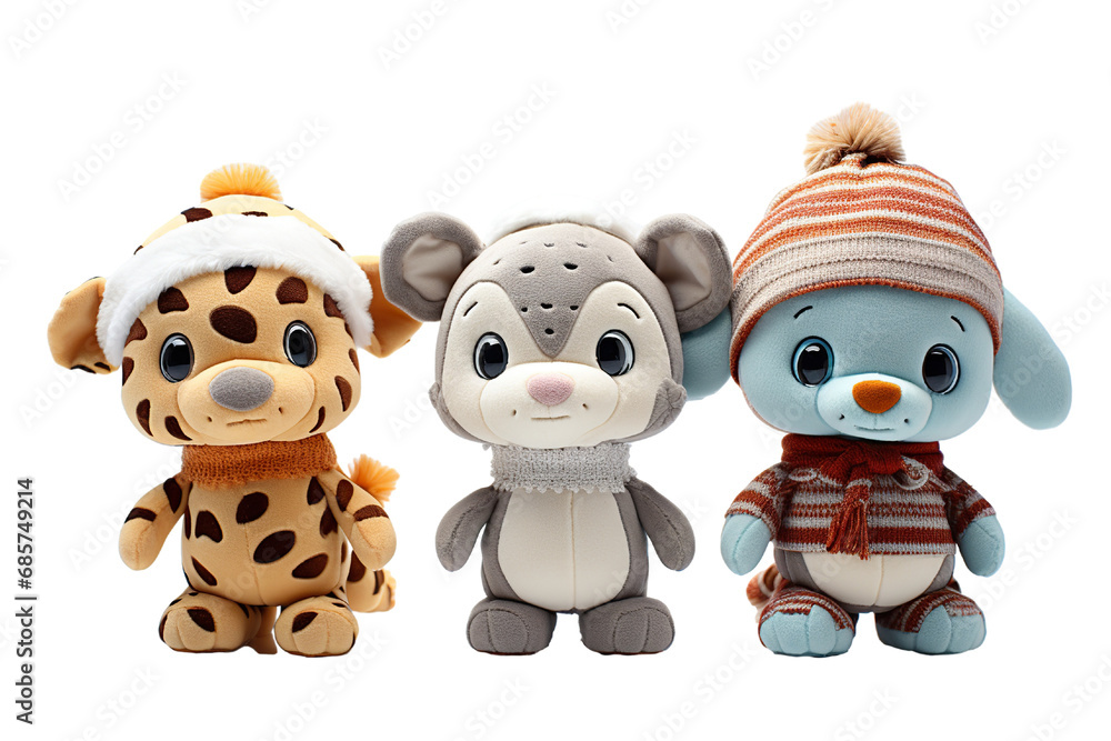 cute toys with Christmas theme, photo, studio lighting, white background, 3 abstract animals cartoon PNG