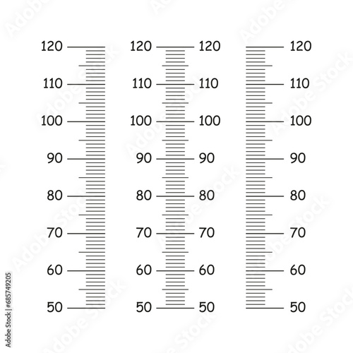 Stadiometer template for wall growth sticker. Kids height chart from 50 to 120 centimeters. Meter wall or growth ruler. Height measurement. Vector simple illustration.