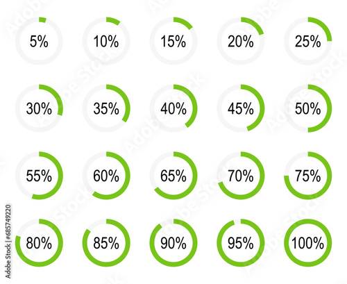 Infographic elements. Pie charts. Percent download, dashboard for web, app. Analysis in percent. Set of diagrams. Round filled loading bars. Battery charging, progress, buffering, transfer icon.
