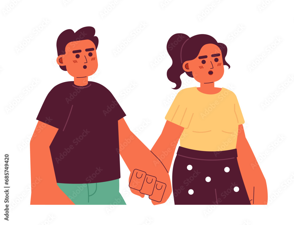 Obraz premium Latin american husband wife holding hands 2D cartoon characters. Hispanic young adults couple opened mouth isolated vector people white background. Romantic lovers stunned color flat spot illustration