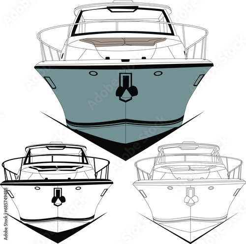 Front view fishing boat vector line art illustration t-shirt and printable on various materials.