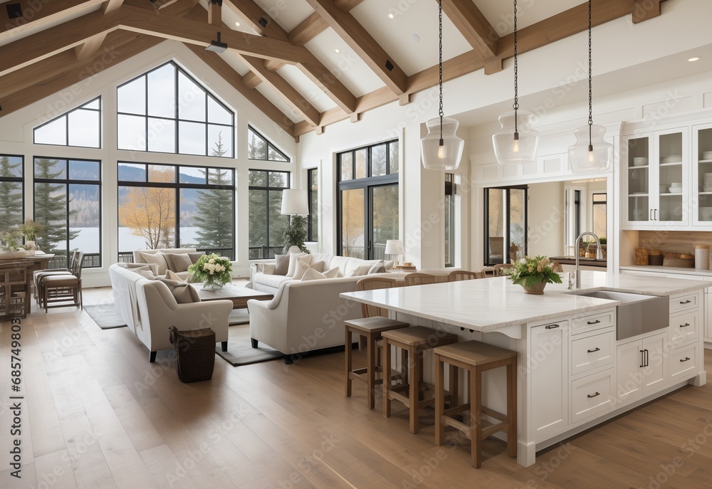 Beautiful living room and kitchen in new luxury home with white cabinets, wood beams, pendant lights and hardwood floors