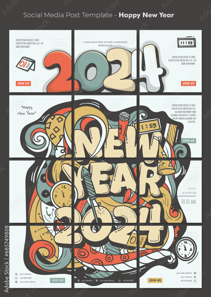 Social media post template with floral doodle art design and typography of new year 2024