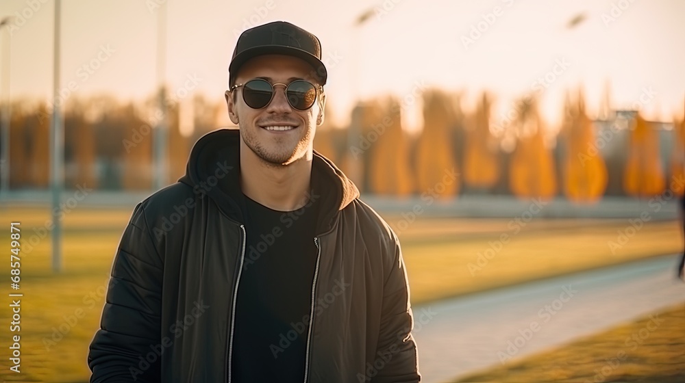 A handsome man at the airport wearing a tshirt and sunglasses black, ai generative A handsome man at the airport wearing a tshirt and sunglasses black, ai generative