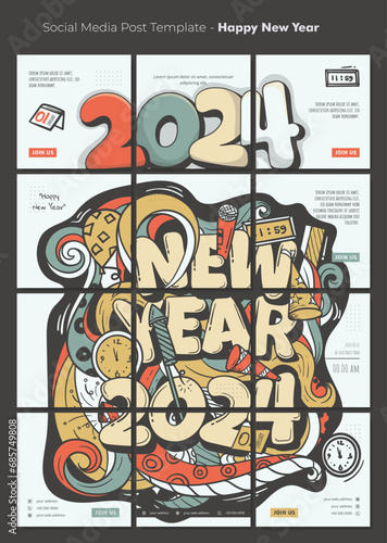 Social media post template with floral doodle art design and typography of new year 2024