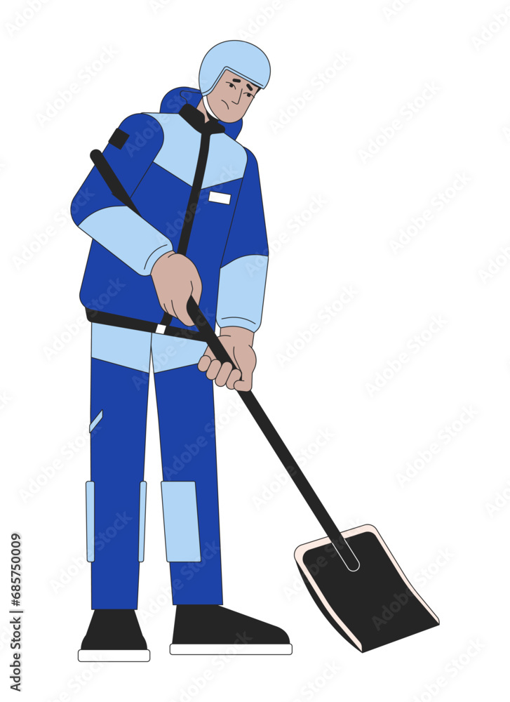 Snow mountain rescuer shoveling out 2D linear cartoon character. Winter outerwear indian man holding shovel isolated line vector person white background. Snow removal color flat spot illustration Snow mountain rescuer shoveling out 2D linear cartoon character. Winter outerwear indian man holding shovel isolated line vector person white background. Snow removal color flat spot illustration