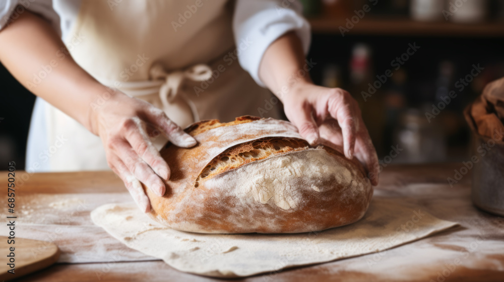 delicious fresh bread with flour in the hands of a baker delicious fresh bread with flour in the hands of a baker