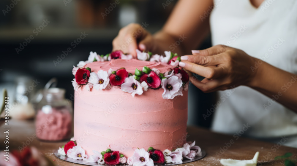 Close Up Of Woman In Bakery Decorating Cake With Icing