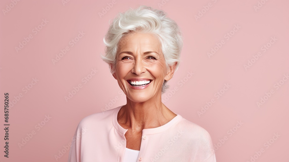 Portrait of Beautiful elder woman's smile with healthy white, straight teeth close-up on pink background with space for text Portrait of Beautiful elder woman's smile with healthy white, straight teeth close-up on pink background with space for text