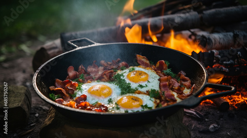 Camping breakfast with bacon and eggs in a cast iron skillet