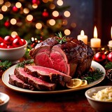 Traditional gourmet meal of roast beef, plated with festive Christmas decoration for celebratory holiday meal