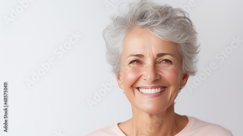Portrait of Beautiful elder woman's smile with healthy white, straight teeth close-up on light background with space for text