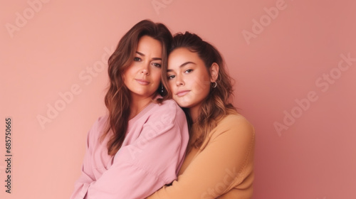 Mother and daughter in pastel colors embracing each other on pink background