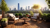 A balcony oasis with comfortable outdoor furniture, potted plants, and a view of the city skyline or natural landscape.
