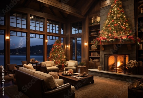 Living room with christmas tree and fireplace near frozen lake in winter season.