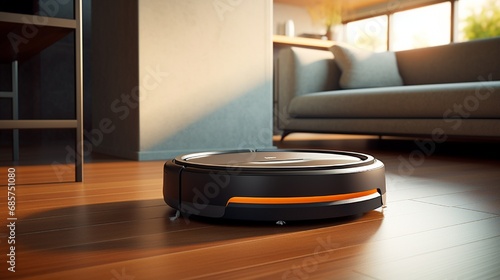 A compact robot vacuum reaching under furniture, keeping every corner of the home clean.