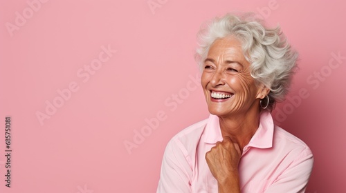 Portrait of Beautiful elder woman's smile with healthy white, straight teeth close-up on pink background with space for text