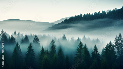 Fog rolling over a mystical forest at dawn. © Damian