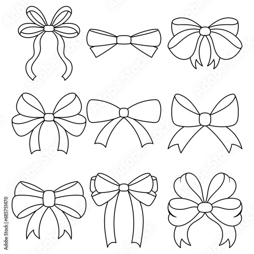 Adorable Doodle Ribbon Bows in a Simple Black and White Palette. Hand Drawn Flat Style Ideal for Decorative Use. Big Set of Bowties for Design Needs. © renko_art