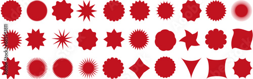 Set of red color stickers for sale, price tag, starbursts, quality mark, sunburst icons, retro stars. Modern Swiss style elements, shapes, stars, flowers, circles