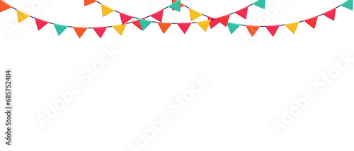 Garland of colored flags horizontal banner. Carnival garlands entertainment events. Festive vector background in flat cartoon style on a white background.
