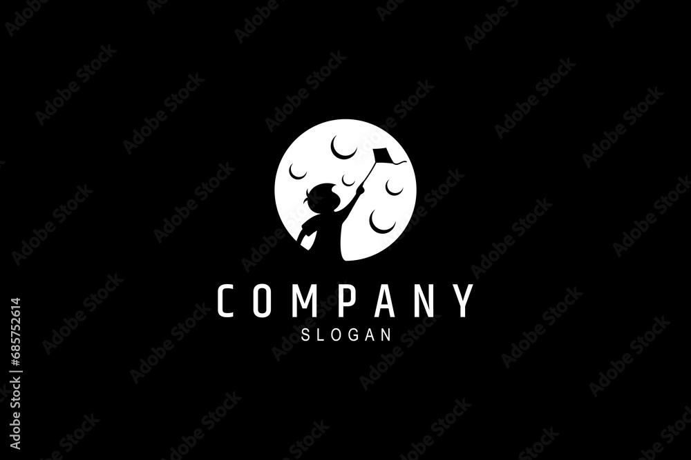 Obraz premium Child playing kite on moon background, flat vector illustration logo design style