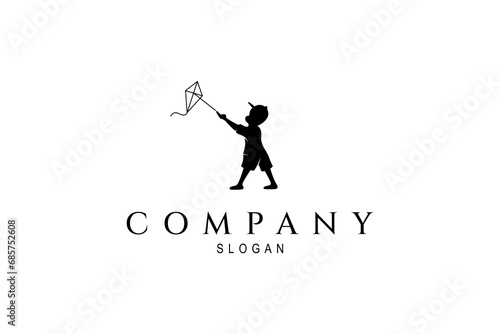 Child playing kite in flat vector logo design style