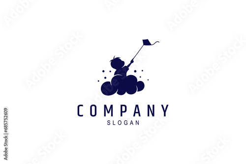 Child playing kite above clouds, flat vector illustration logo design style