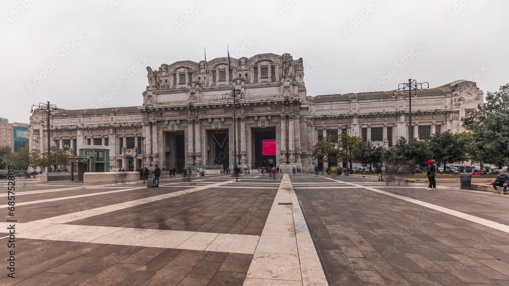 Panorama showing Milano Centrale timelapse - the main central railway station of the city of Milan in Italy.