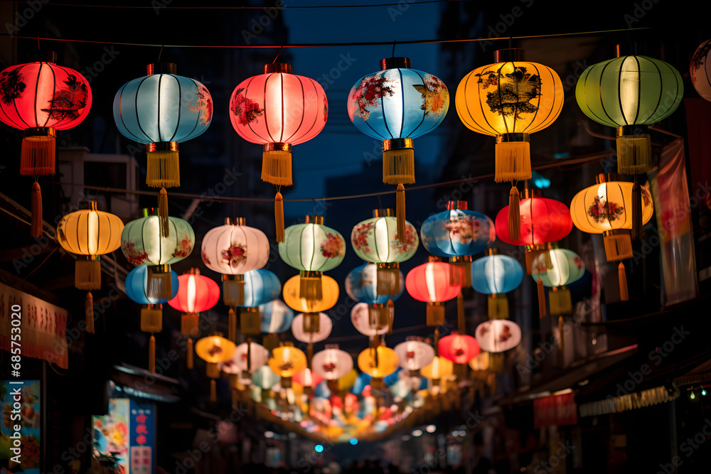 Colorful lanterns adorning the streets during the Mid-Autumn Festival in China.